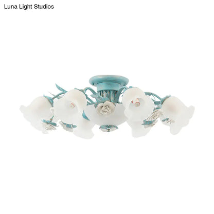 DecorBites™ DecorBites™ Korean Garden Floral Semi Flush Mount Light Fixture - Cream Glass, 5/7/11 Lights - Pink/Blue - Bedroom Lighting