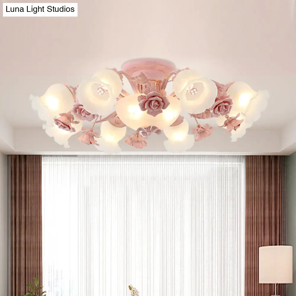 DecorBites™ DecorBites™ Korean Garden Floral Semi Flush Mount Light Fixture - Cream Glass, 5/7/11 Lights - Pink/Blue - Bedroom Lighting