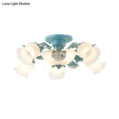 DecorBites™ DecorBites™ Korean Garden Floral Semi Flush Mount Light Fixture - Cream Glass, 5/7/11 Lights - Pink/Blue - Bedroom Lighting