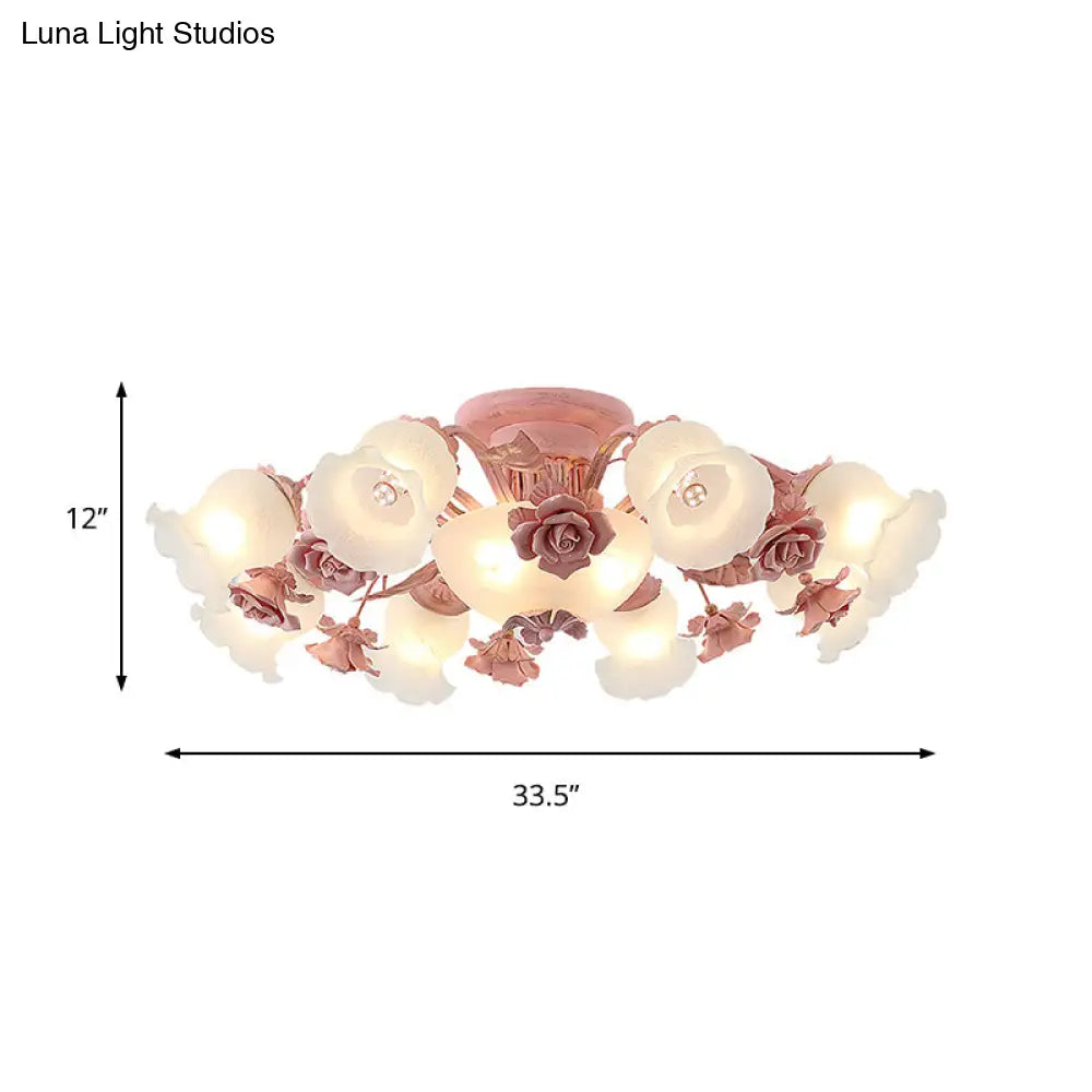 DecorBites™ DecorBites™ Korean Garden Floral Semi Flush Mount Light Fixture - Cream Glass, 5/7/11 Lights - Pink/Blue - Bedroom Lighting