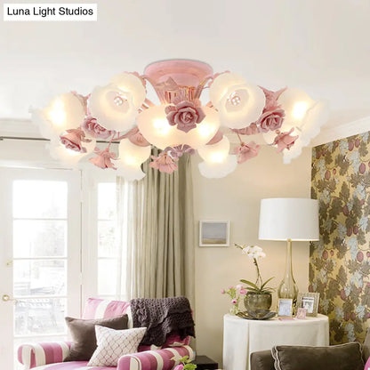 DecorBites™ DecorBites™ Korean Garden Floral Semi Flush Mount Light Fixture - Cream Glass, 5/7/11 Lights - Pink/Blue - Bedroom Lighting