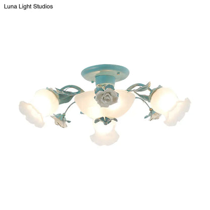 DecorBites™ DecorBites™ Korean Garden Floral Semi Flush Mount Light Fixture - Cream Glass, 5/7/11 Lights - Pink/Blue - Bedroom Lighting