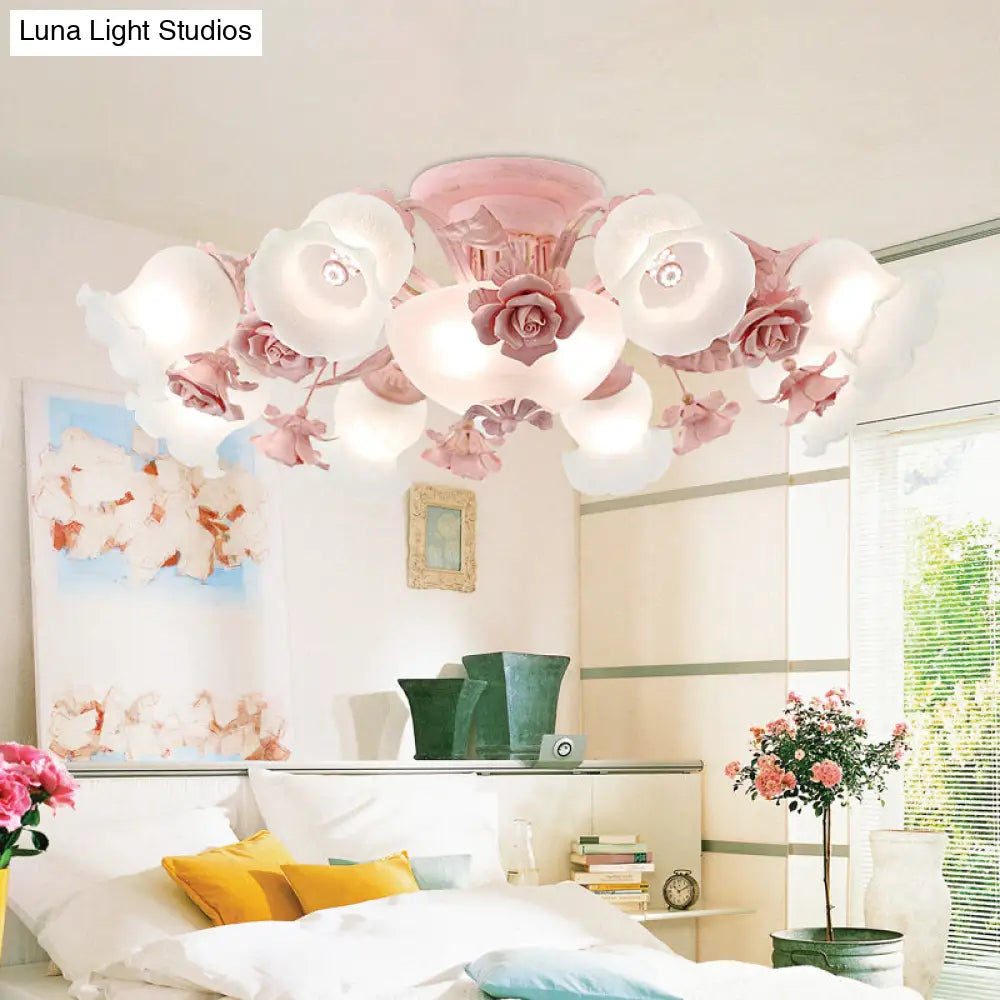 DecorBites™ DecorBites™ Korean Garden Floral Semi Flush Mount Light Fixture - Cream Glass, 5/7/11 Lights - Pink/Blue - Bedroom Lighting
