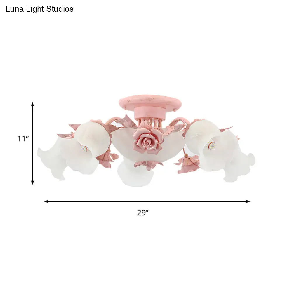 DecorBites™ DecorBites™ Korean Garden Floral Semi Flush Mount Light Fixture - Cream Glass, 5/7/11 Lights - Pink/Blue - Bedroom Lighting