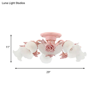 DecorBites™ DecorBites™ Korean Garden Floral Semi Flush Mount Light Fixture - Cream Glass, 5/7/11 Lights - Pink/Blue - Bedroom Lighting