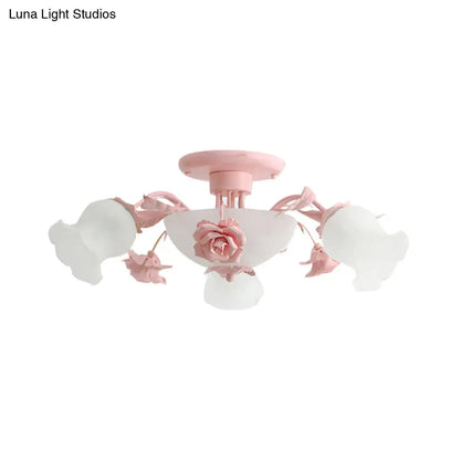 DecorBites™ DecorBites™ Korean Garden Floral Semi Flush Mount Light Fixture - Cream Glass, 5/7/11 Lights - Pink/Blue - Bedroom Lighting