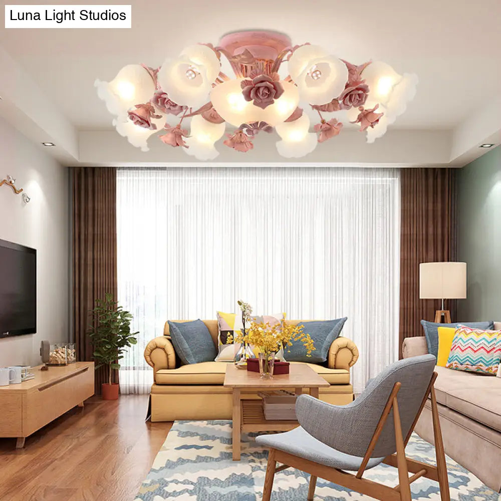 Korean Garden Flower Frost Glass Ceiling Mounted Light for Bedroom