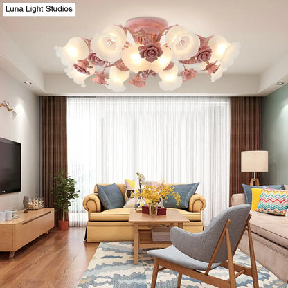 Korean Garden Flower Frost Glass Ceiling Mounted Light for Bedroom