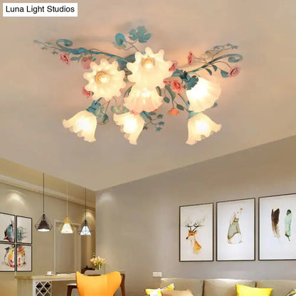 DecorBites™ DecorBites™ Korean Garden Flower Frosted Glass Semi Flush Mount Ceiling Light - 7/9 Lights - White/Pink