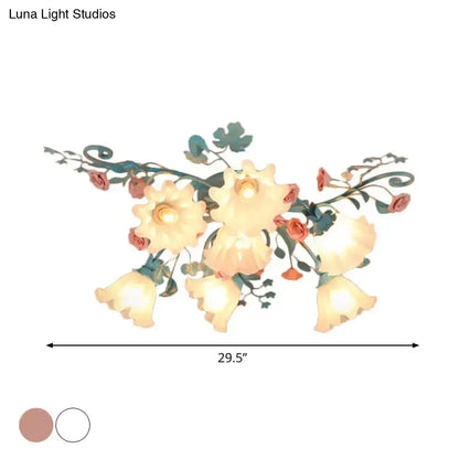 DecorBites™ DecorBites™ Korean Garden Flower Frosted Glass Semi Flush Mount Ceiling Light - 7/9 Lights - White/Pink