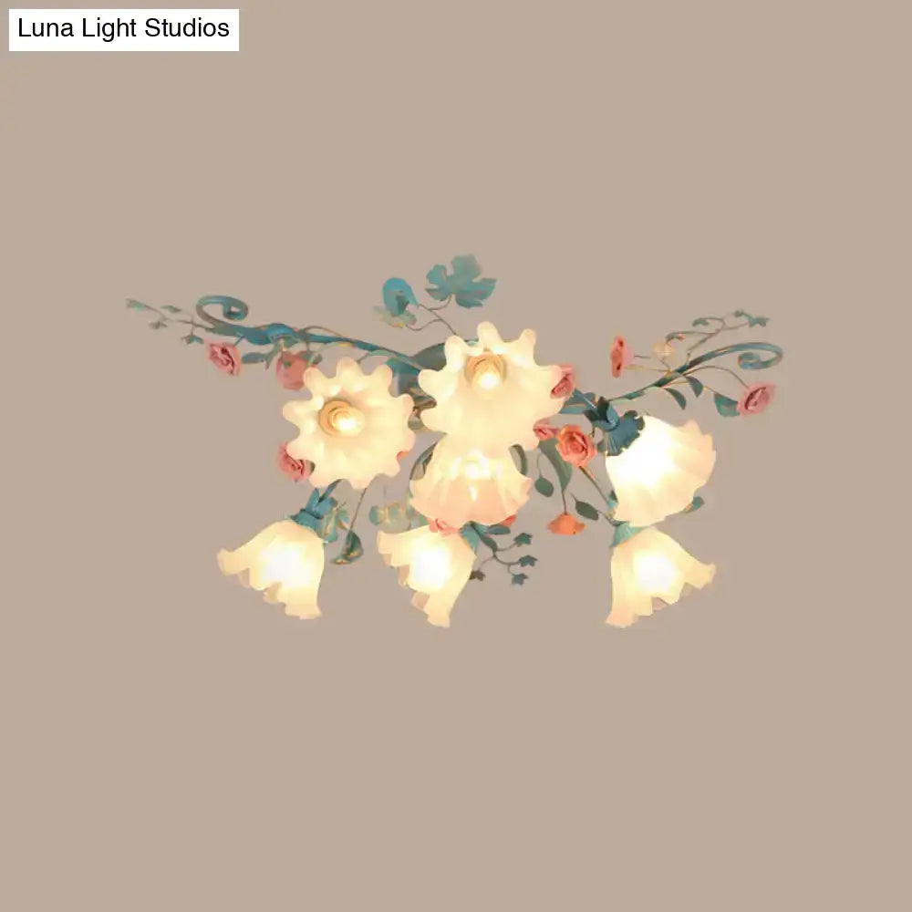 DecorBites™ DecorBites™ Korean Garden Flower Frosted Glass Semi Flush Mount Ceiling Light - 7/9 Lights - White/Pink