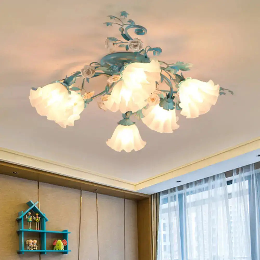 DecorBites™ DecorBites™ Korean Garden Flower Frosted Glass Semi Flush Mount Ceiling Light - 7/9 Lights - White/Pink