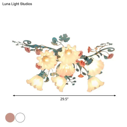 DecorBites™ DecorBites™ Korean Garden Flower Frosted Glass Semi Flush Mount Ceiling Light - 7/9 Lights - White/Pink