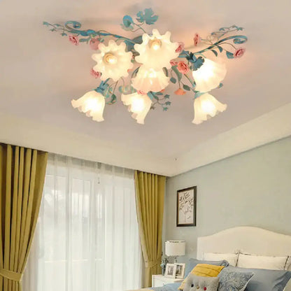 DecorBites™ DecorBites™ Korean Garden Flower Frosted Glass Semi Flush Mount Ceiling Light - 7/9 Lights - White/Pink
