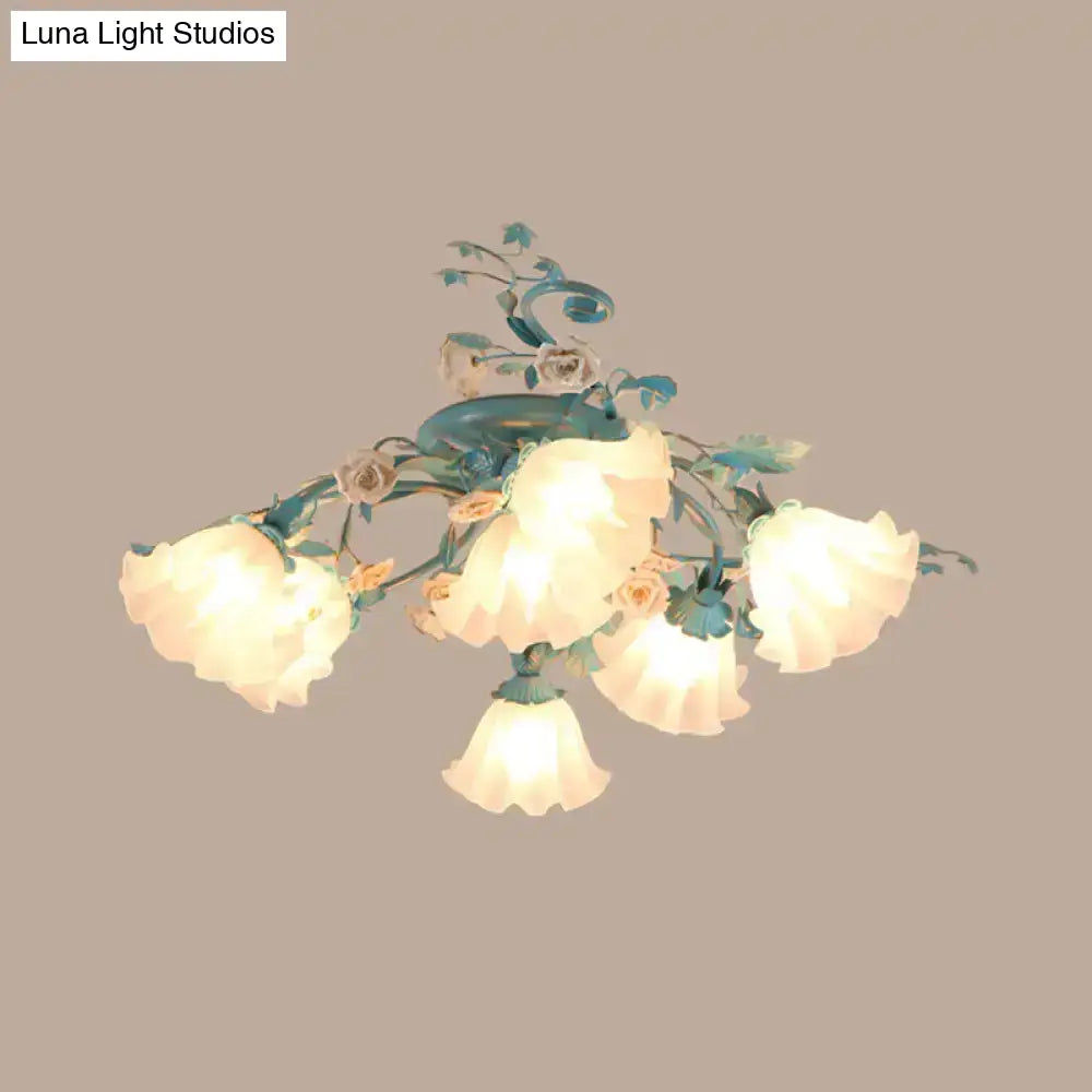 DecorBites™ DecorBites™ Korean Garden Flower Frosted Glass Semi Flush Mount Ceiling Light - 7/9 Lights - White/Pink