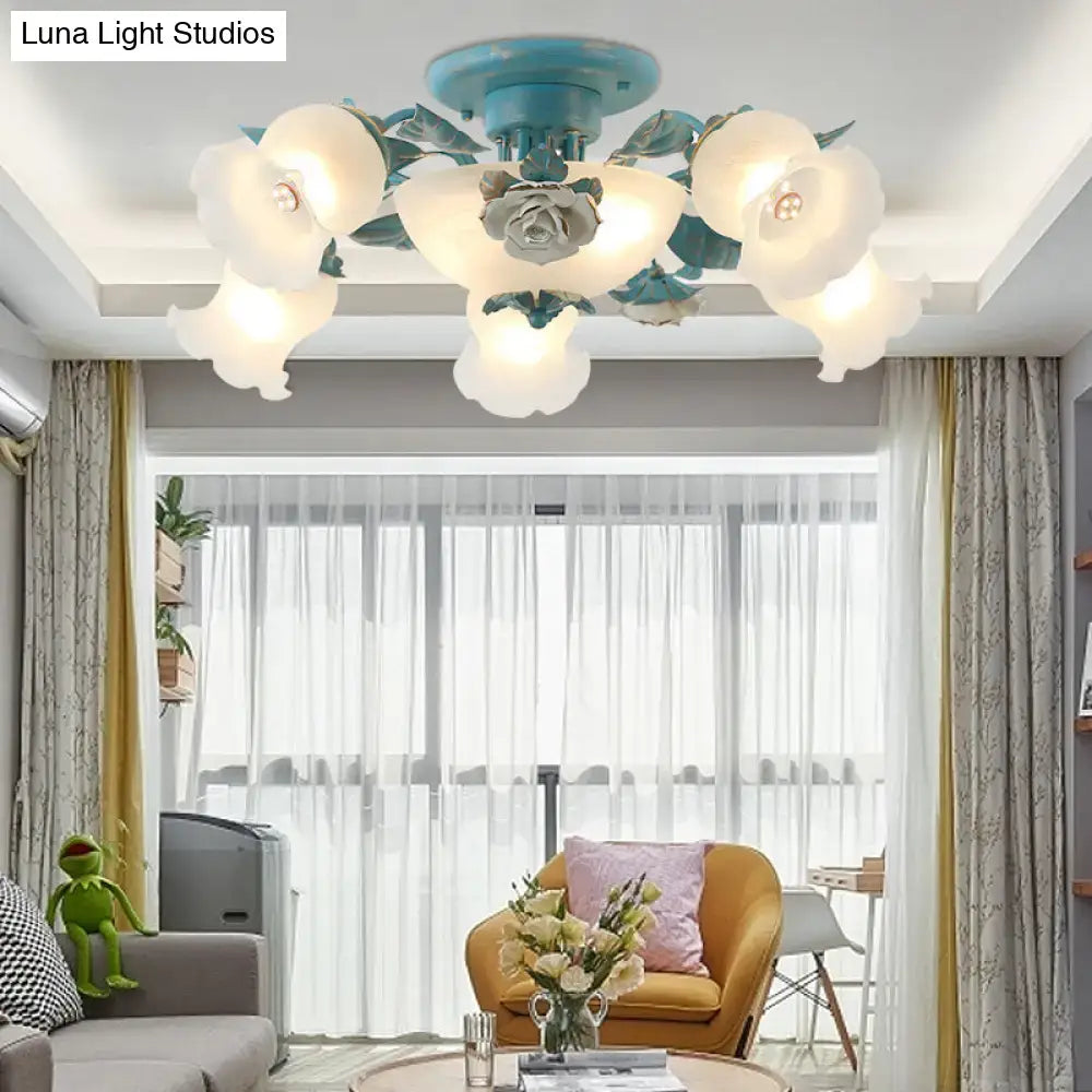 Decorbites™ korean garden flower frosted glass ceiling light with teal metal base for bedroom use