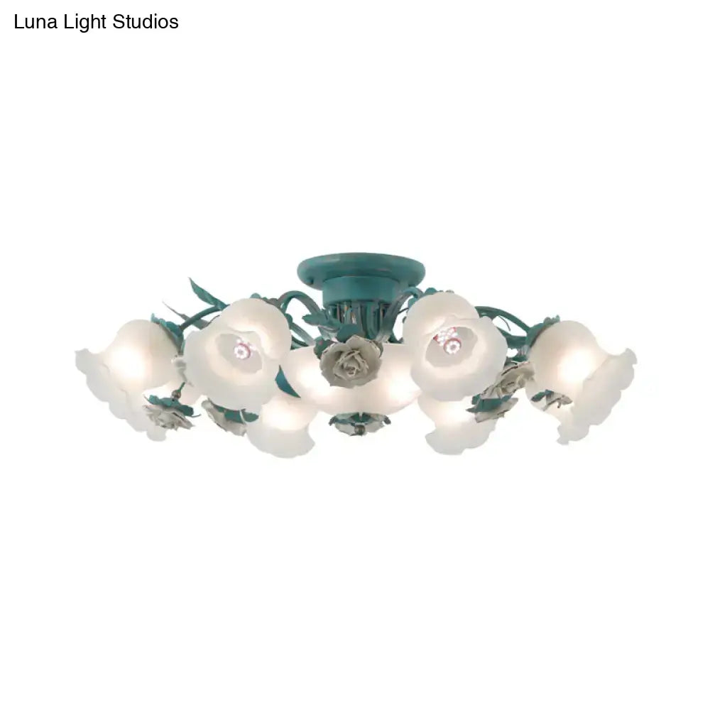 Teal korean garden flower ceiling light fixture with white flower-shaped frost glass shades and metallic roses for bedroom