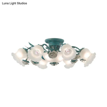 Teal korean garden flower ceiling light fixture with white flower-shaped frost glass shades and metallic roses for bedroom