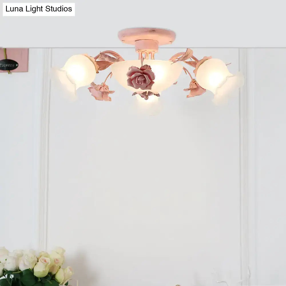 Decorbites korean garden flower frost glass ceiling light with pink metallic accents and frosted glass petals