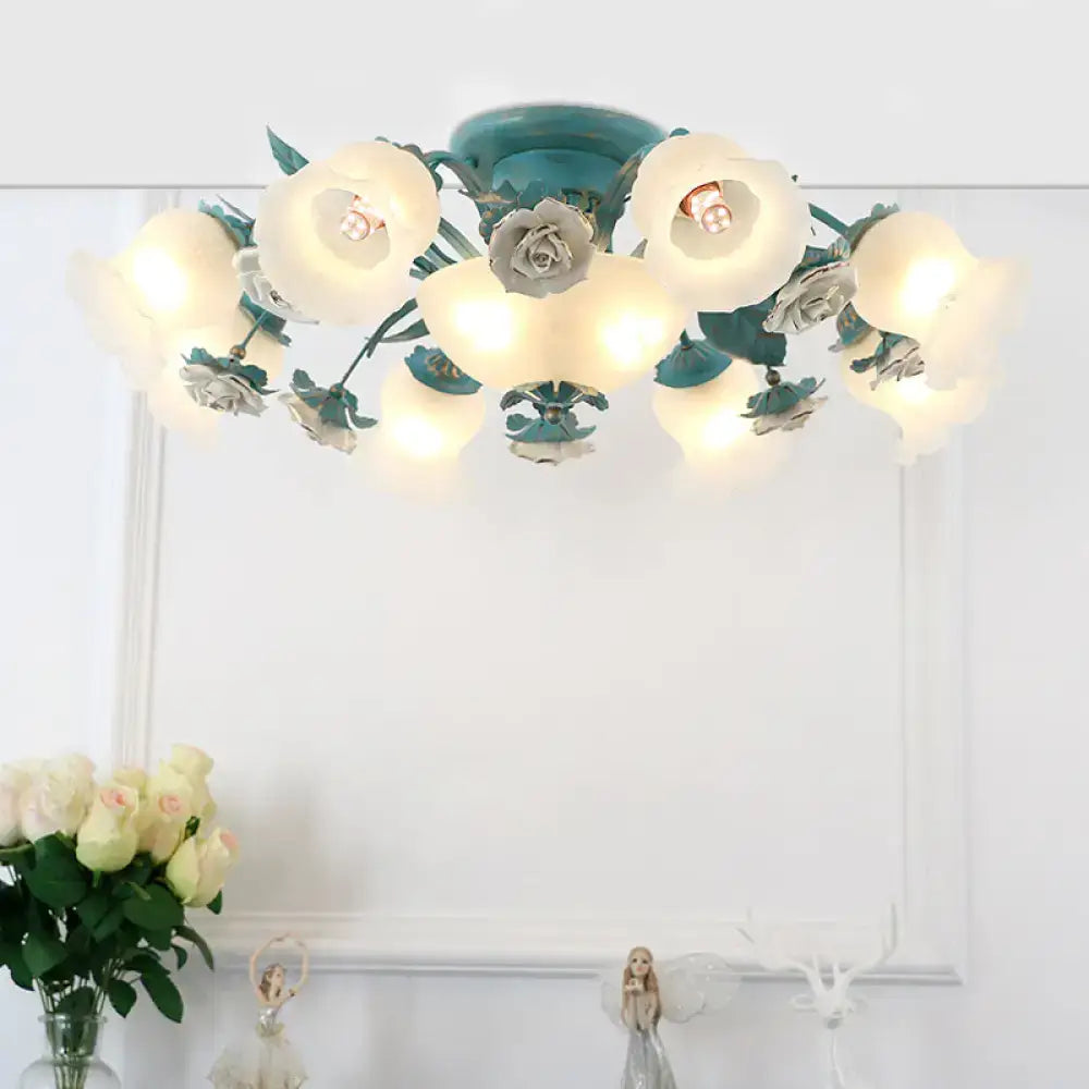 Teal floral ceiling light with frosted glass flower shades and decorative rose accents for korean garden flower decor