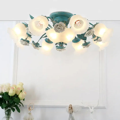 Teal floral ceiling light with frosted glass flower shades and decorative rose accents for korean garden flower decor