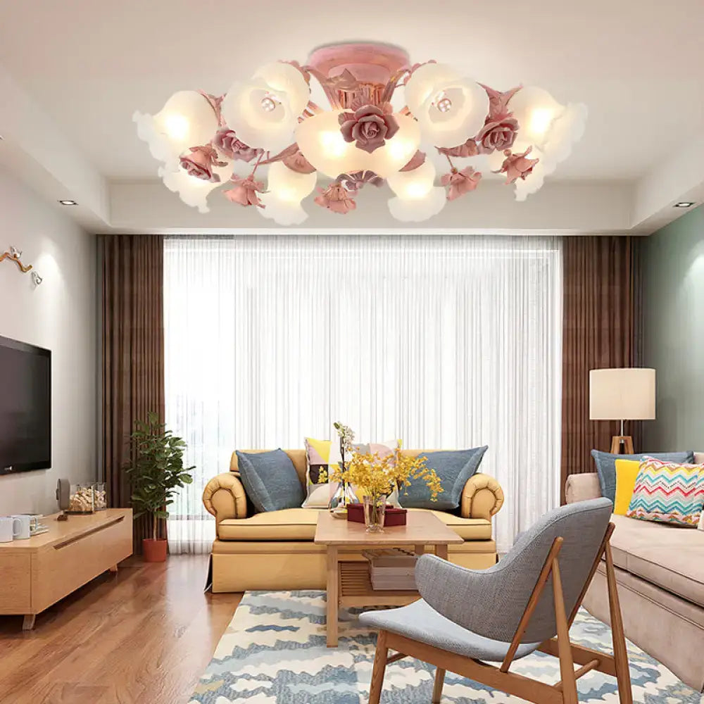 Pastel pink and white floral chandelier with delicate rose accents in decorbites™ korean garden flower frost glass ceiling light