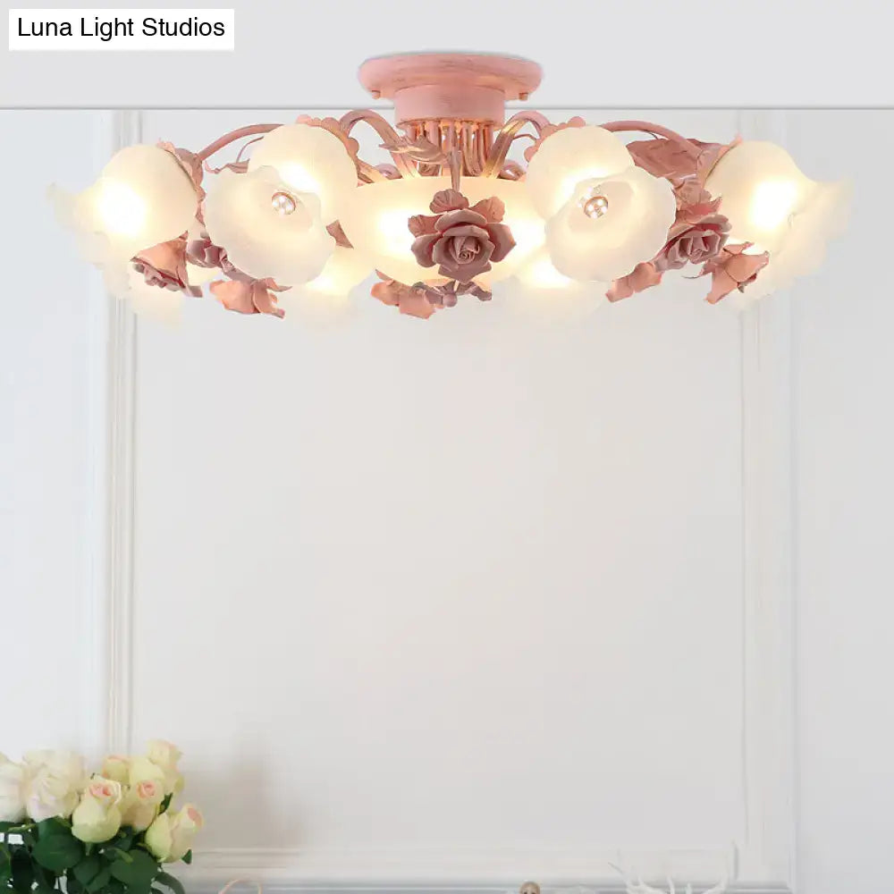 Decorbites korean garden flower ceiling light with pink and white frosted glass shades and rose metal accents for bedroom