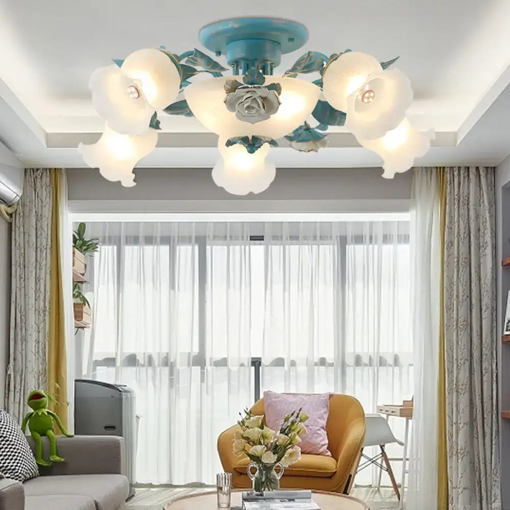 Teal and white korean garden flower frost glass ceiling light fixture with sculpted petals and central rose design for bedroom