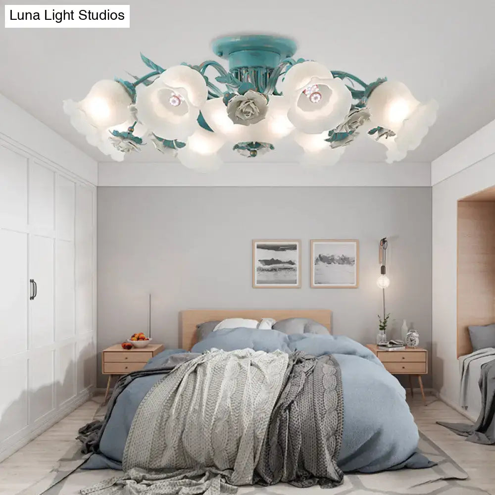 DecorBites™ korean garden flower ceiling light with teal and white petal-shaped frost glass shades for bedroom
