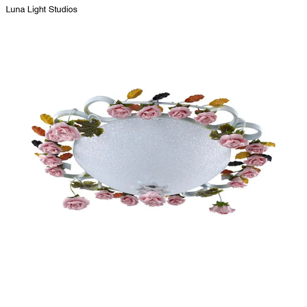 DecorBites™ DecorBites™ Korean Garden LED Flush Mount Ceiling Light with Pink Rose Accents - White Glass - 23.5"/27.5" Width