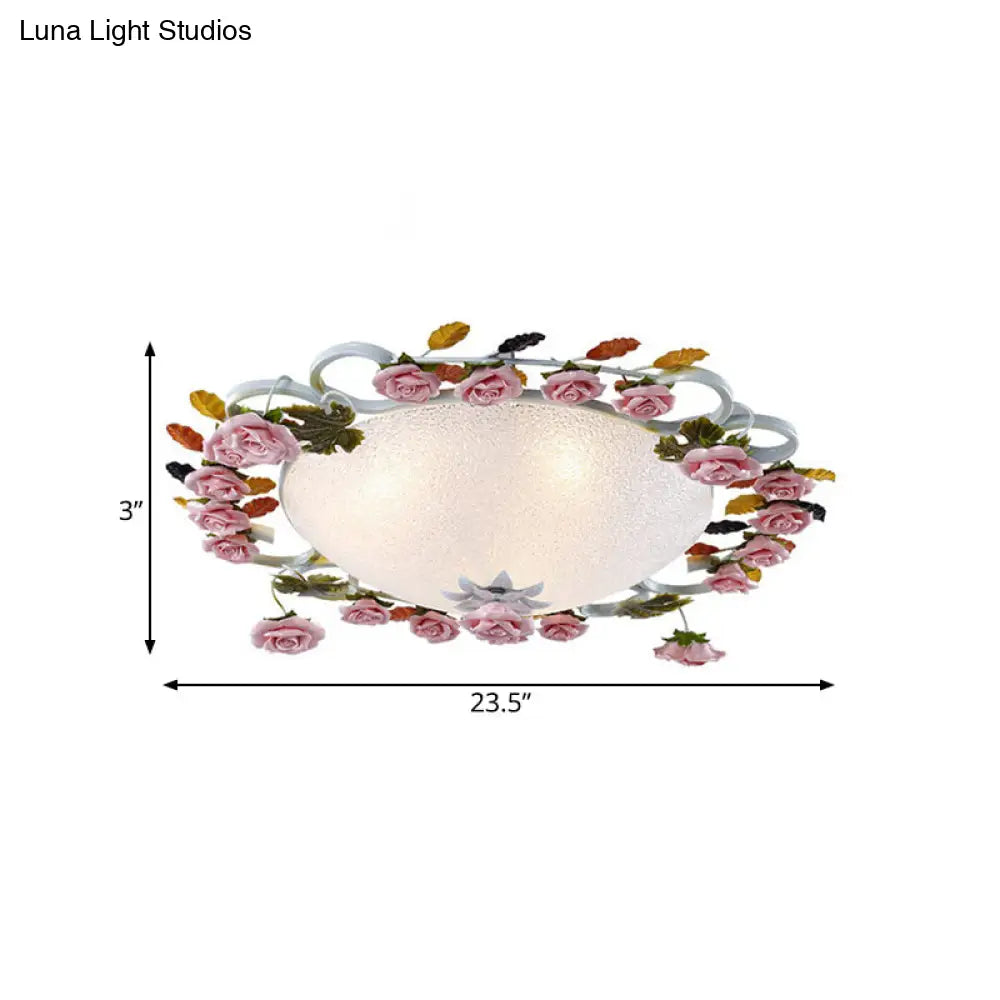 DecorBites™ DecorBites™ Korean Garden LED Flush Mount Ceiling Light with Pink Rose Accents - White Glass - 23.5"/27.5" Width