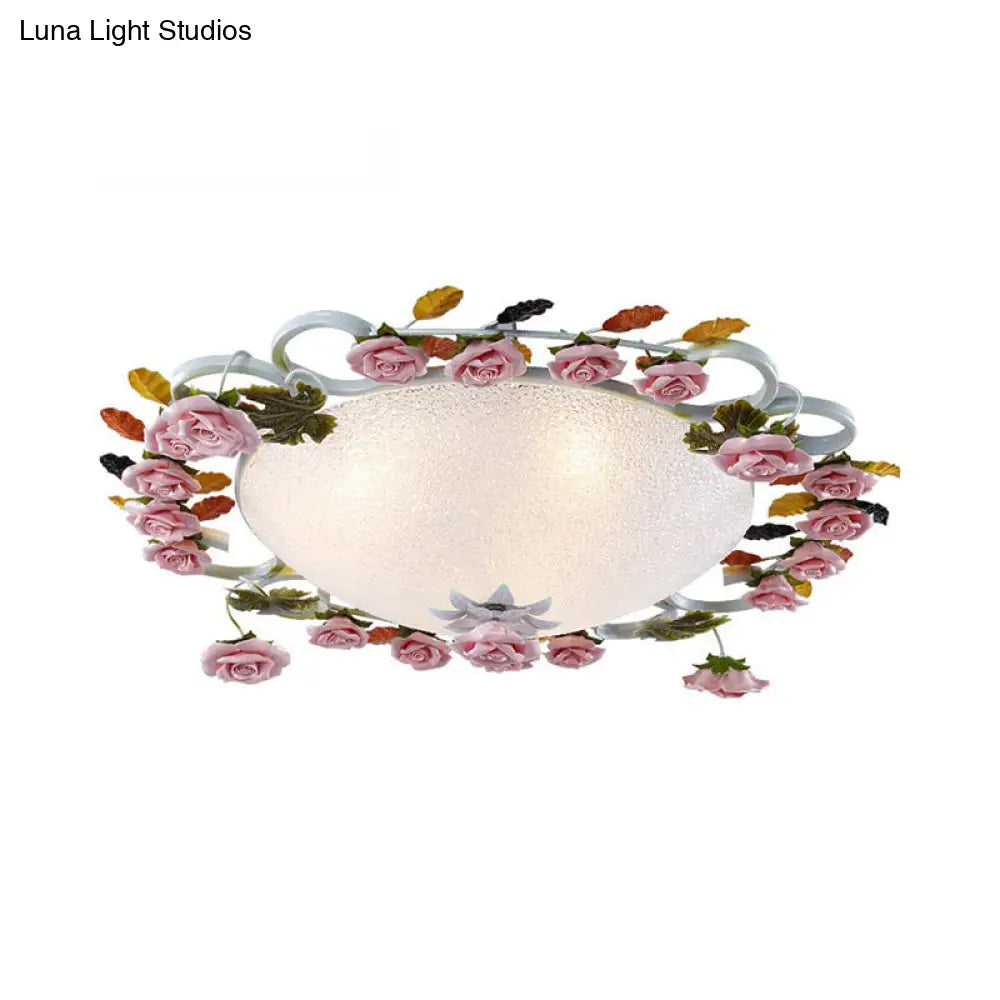 DecorBites™ DecorBites™ Korean Garden LED Flush Mount Ceiling Light with Pink Rose Accents - White Glass - 23.5"/27.5" Width