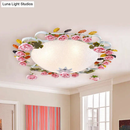 DecorBites™ DecorBites™ Korean Garden LED Flush Mount Ceiling Light with Pink Rose Accents - White Glass - 23.5"/27.5" Width