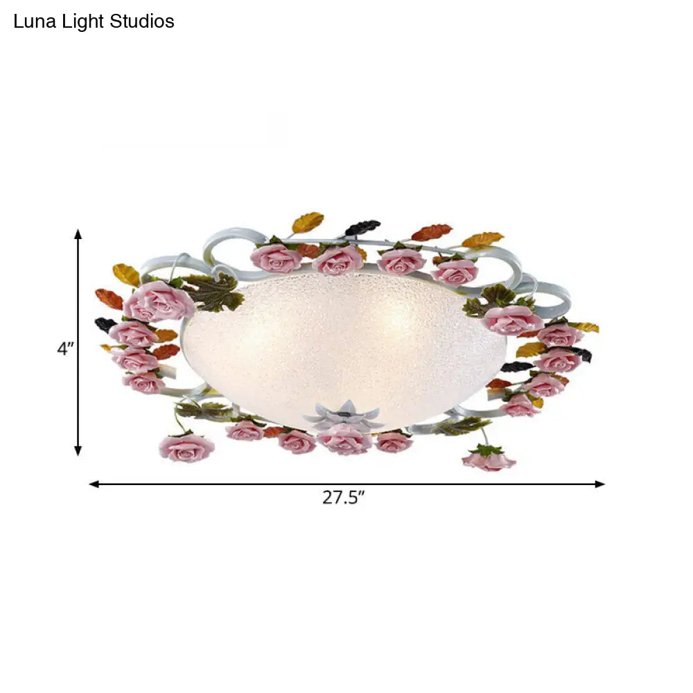 DecorBites™ DecorBites™ Korean Garden LED Flush Mount Ceiling Light with Pink Rose Accents - White Glass - 23.5"/27.5" Width