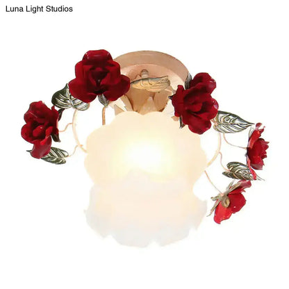 Decorbites korean garden ruffle semi flush mount lamp with frost white glass and red rose deco ceiling light fixture