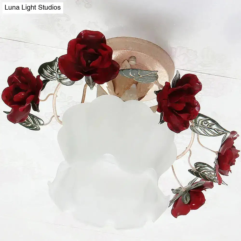 Elegant red rose headpiece with silver-leaf accents and delicate wire frame paired with frost white glass korean garden ruffle lamp