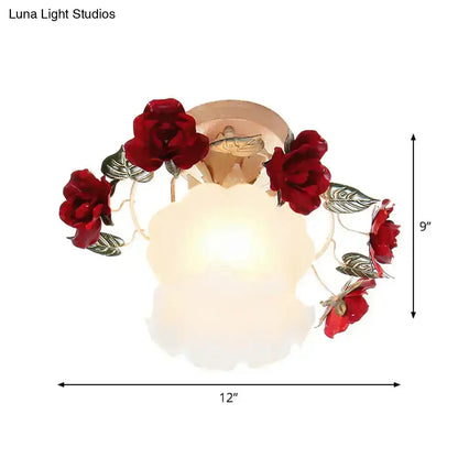 Decorbites korean garden ruffle semi flush mount lamp with frost white glass shade and red rose metal decor