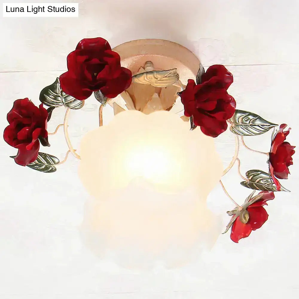 Decorbites korean garden ruffle semi flush mount lamp with frost white glass shade featuring red rose accents