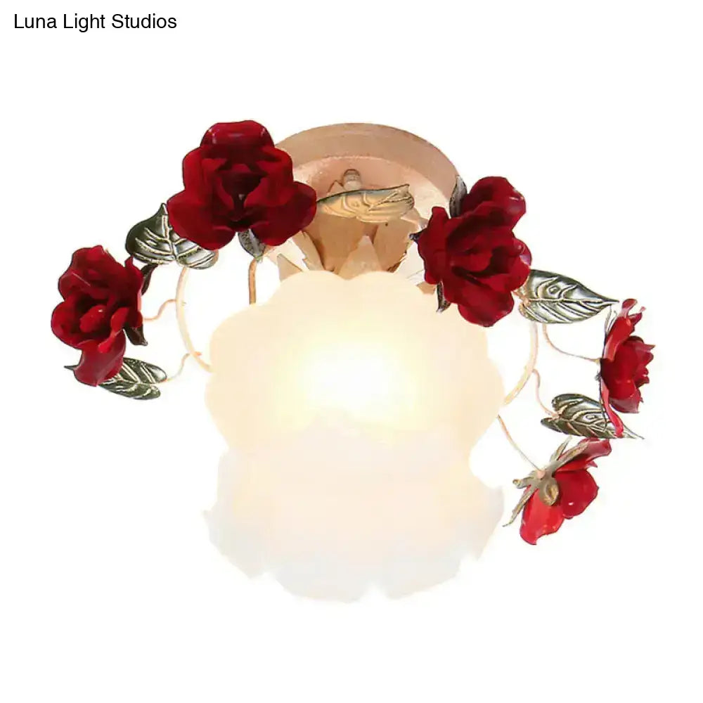 Decorbites korean garden ruffle semi flush mount lamp with frost white glass and red rose deco ceiling light fixture