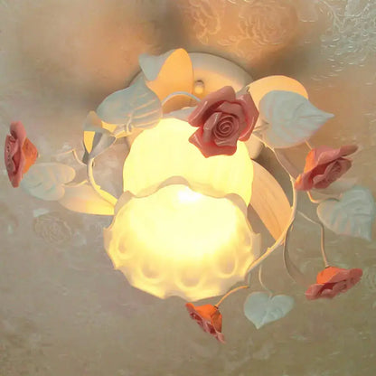 Korean Garden Ruffle Semi Flush Mount Lamp - Elegant Flower Deco, White Frosted Glass Ceiling Light