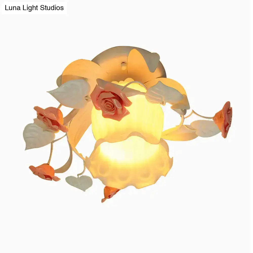 Korean Garden Ruffle Semi Flush Mount Lamp - Elegant Flower Deco, White Frosted Glass Ceiling Light