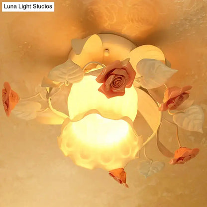 Korean Garden Ruffle Semi Flush Mount Lamp - Elegant Flower Deco, White Frosted Glass Ceiling Light