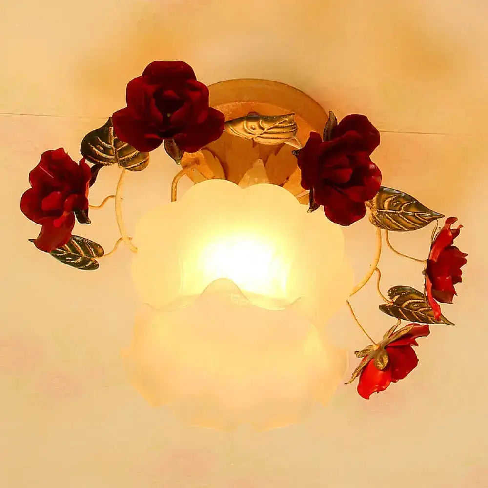 Korean Garden Ruffle Semi Flush Mount Lamp - Frost White Glass Ceiling Light with Red Rose Deco