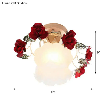 Korean Garden Ruffle Semi Flush Mount Lamp - Frost White Glass Ceiling Light with Red Rose Deco