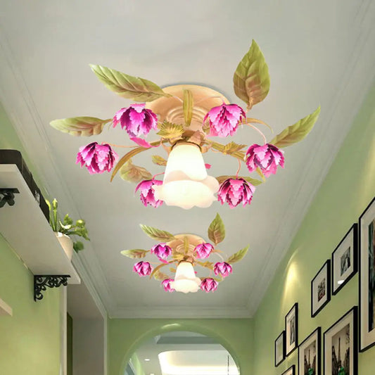 DecorBites™ DecorBites™ Korean Garden Semi Flush Ceiling Light with Frosted Glass Flowering Design in Rose Red for Corridor
