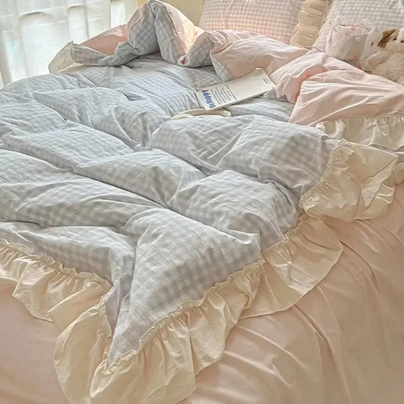 Soft light blue and white gingham duvet cover with cream ruffled trim in decorbites korean grid lace bedding set