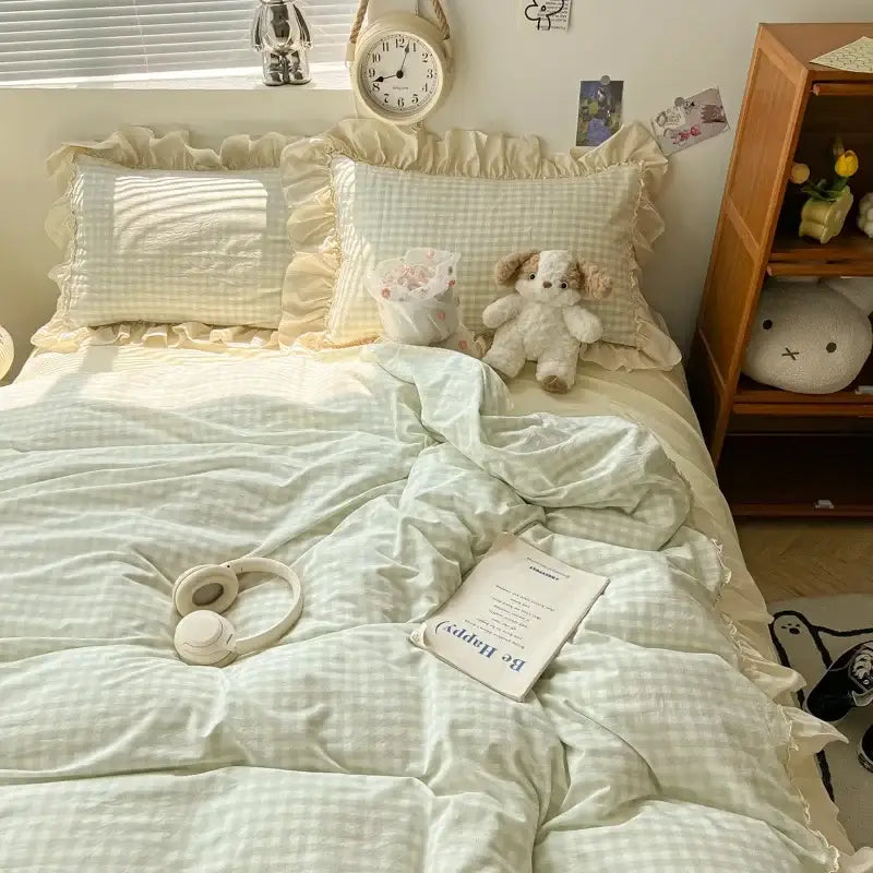 A soft light green and white checkered bedding set with ruffled edges from decorbites korean grid lace collection