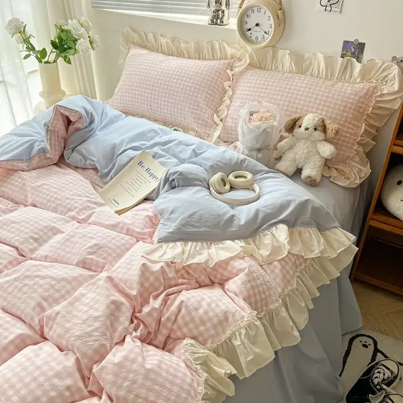 Pink and light blue gingham bedding set with cream ruffled trim from decorbites korean grid lace collection