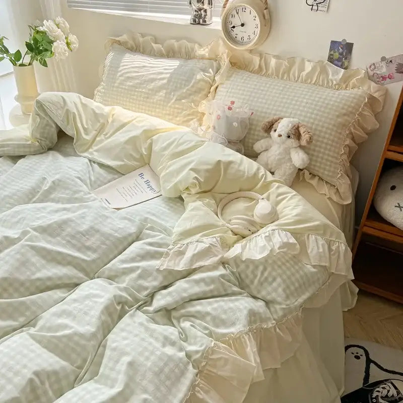 Pastel green and cream checkered bedding set with delicate ruffled edges from decorbites korean grid lace collection