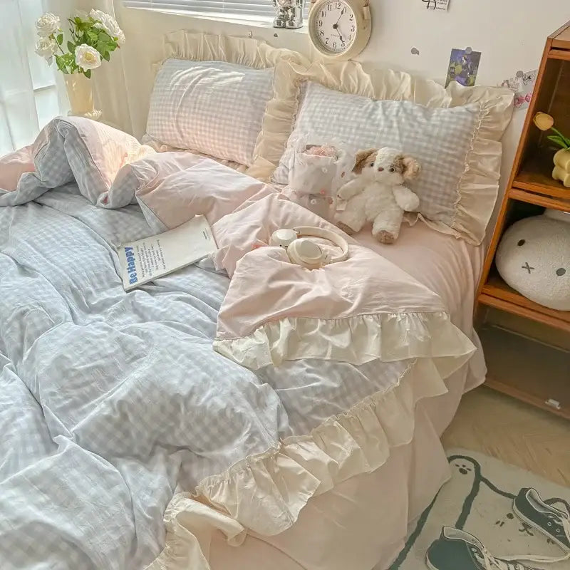 Pastel blue and white gingham bedding set with cream ruffles featuring decorbites korean grid lace design